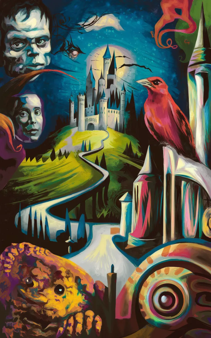 an enigmatic atmosphere with a touch of surrealism. The background contains a cinematic scene of a castle on a hill, with a winding road leading to it. There's also a large, bright red bird perched on the castle's wall. The overall artwork has a vibrant, vivid color palette.
