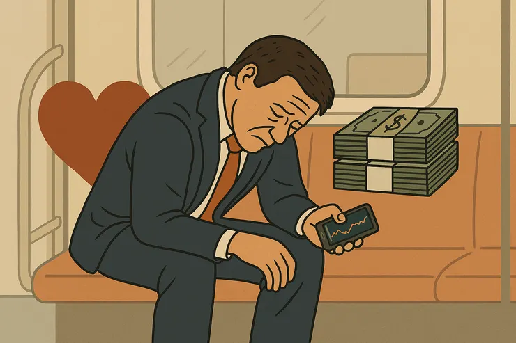 中年男子小睡也不忘留意股價走勢。（插畫由 Copilot 協助創作)