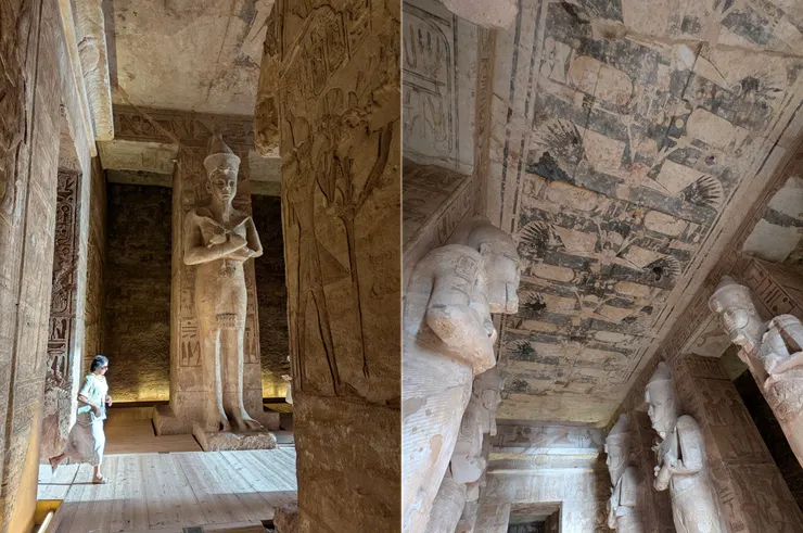 多柱大廳左右並列的雕像,有著歐西里斯之姿、但面容皆為拉美西斯二世。攝於2025年。