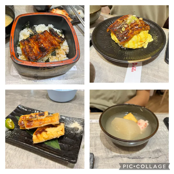 左上蒲燒鰻魚飯、左下炙燒鮭魚肚、右上特盛鰻魚蛋包飯、右下關東煮。