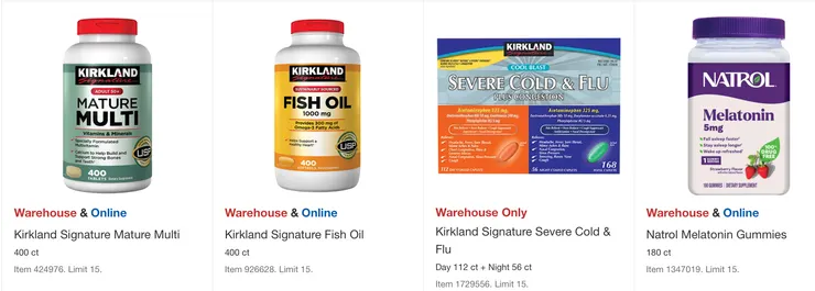 Kirkland 50歲以上熟齡綜合維他命$14.99、魚油$17.99、感冒藥 $24.99,Natrol褪黑激素$19.99。