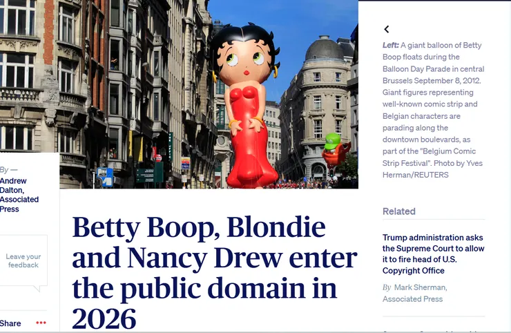英文原文與圖片出處 PBS NewsHour https://www.pbs.org/newshour/arts/betty-boop-blondie-and-nancy-drew-enter-the-public-domain-in-2026