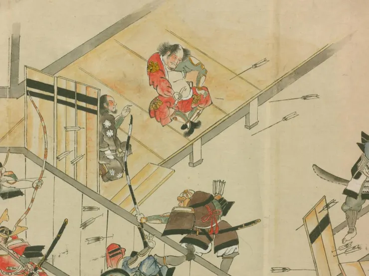 《結城合戦絵詞》局部／国立国会図書館藏。描繪幽閉於永安寺的足利持氏，遭到上杉憲実的總攻擊，面臨末路只得切腹自盡的一幕