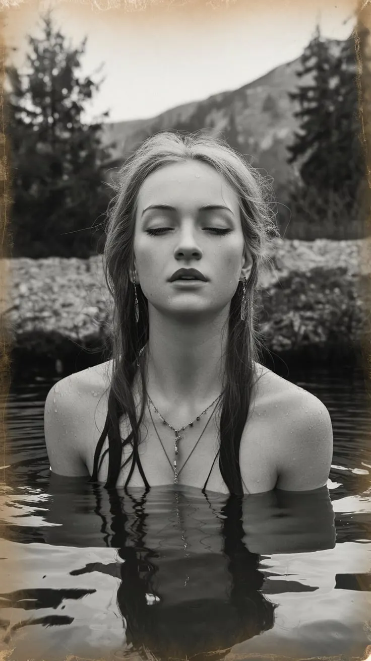 A black and white photo of a 23-year-old woman with long hair. She has pale skin and is wearing jewellery. The woman is emerging from the water. The photo has a hyperrealism art style and is from an old photobook.