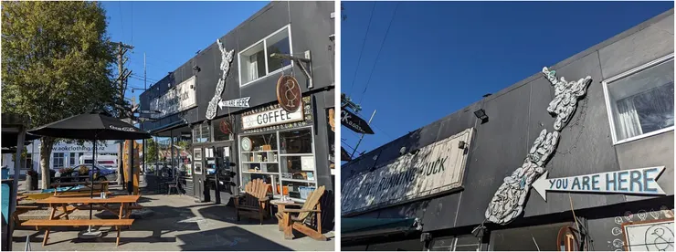 左圖:咖啡廳外觀;右圖:夾腳拖做成的紐西蘭地圖