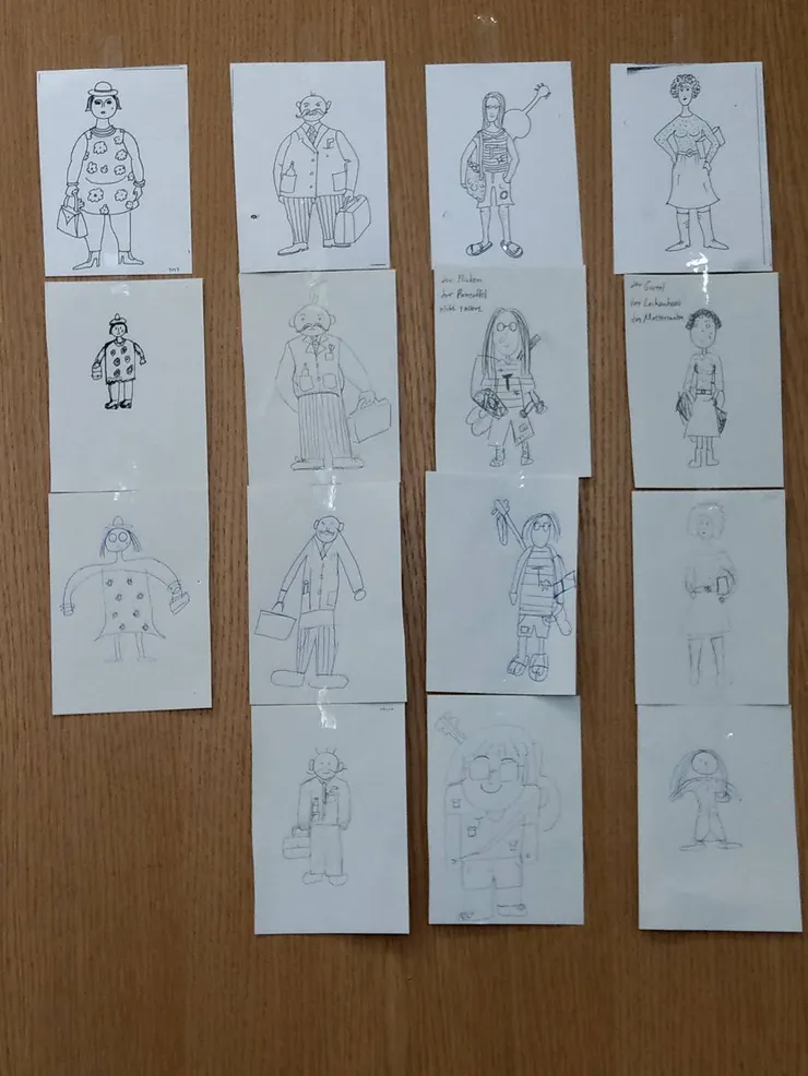 每個同學拿到一張圖,要試著描述圖上人物的穿著、配件、身體特徵,讓另一位同學畫出來