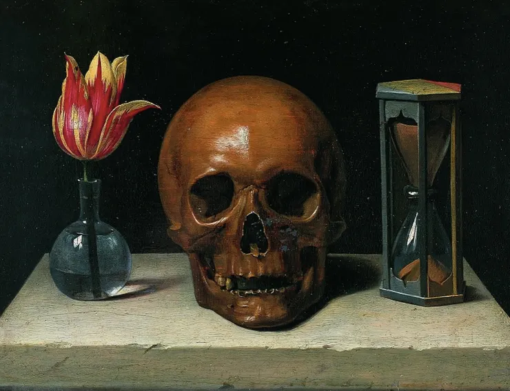 Vanitas Still Life with a Tulip, Skull and Hour Glass, by Philippe de Champaigne, c. 1671. Tessé Museum, Le Mans, France.