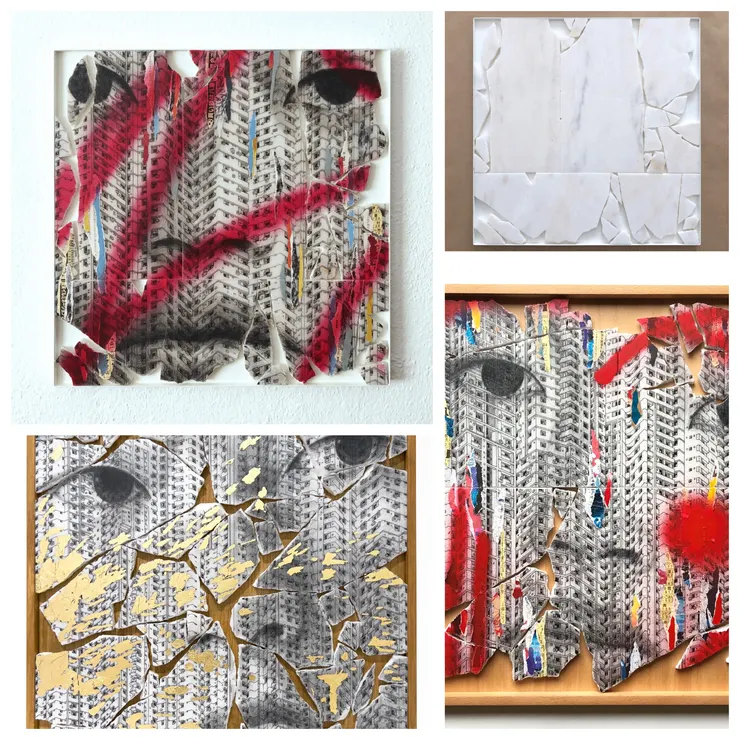  香港城市景觀與瓦斯科在街頭邂逅的陌生人面孔交織，構成了一件別具意義的作品。以破碎的石板為基底，運用墨水、木炭、噴漆與金箔的多層創作技法，重構出一種彷彿來自過去的視覺語言，卻融入了當代的敘事的創新詮釋。