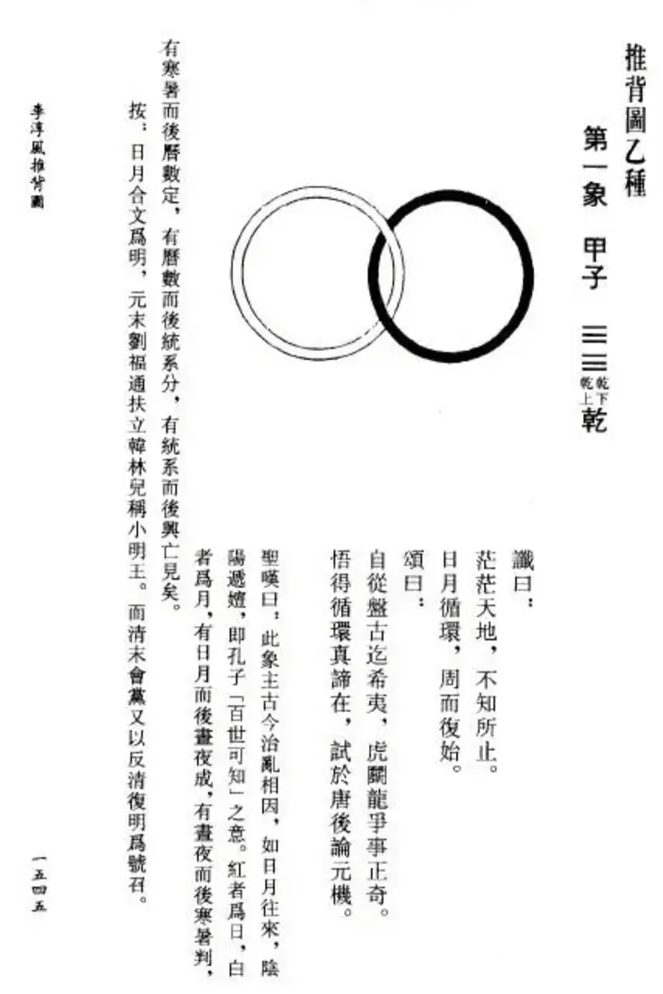 《推背圖》第一象，紅為日、白為月，象徵陰陽兩氣的循環交錯衍生萬物