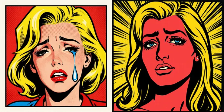 Prompt: A retro pop art illustration in the style of Roy Lichtenstein. A dramatic comic book panel showing a crying woman with blonde hair. Thick black outlines, bold primary colors (red, yellow, blue). The entire image has a visible vintage halftone dot print texture. The aesthetic is graphic, bold, and textured like old newsprint. (左：Z-Image-Turbo 右：FLUX-1 [schnell])