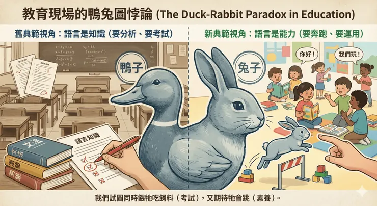 一幅插圖展示了教育環境中的鴨兔悖論，左側顯示舊典範的語言知識觀念，而右側則表達新典範的語言能力觀念。插圖中包含教室、學生、課本和測驗等元素，象徵不同的語言學習方式和教育理念。