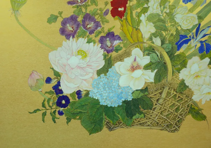 〈夏日花卉〉局部－立鶴花、荷花、繡球、西洋木蓮