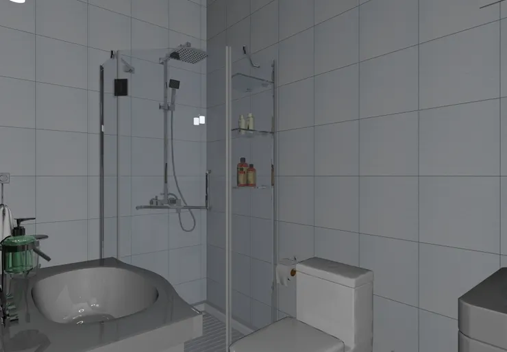 從門口望向淋浴間。萊絲莉有很多洗浴用品！