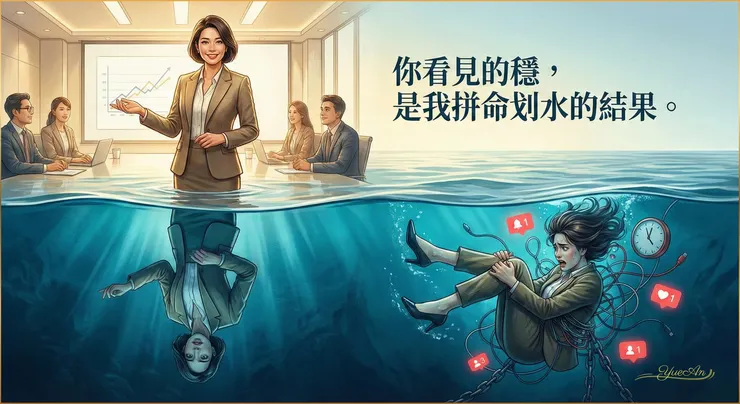 圖說｜ 流行用語常以「鴨子現象」比喻：水面上看起來很穩，水面下其實拼命划水。當你長期用硬撐維持表現，身體可能會累積出一種「異體負荷」（Allostatic Load）：指長期壓力讓身體調節系統逐步磨損的累積效應。