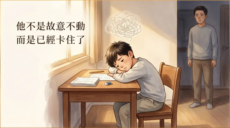 癱在桌上或地上叫不動，很多時候不只是對立反抗，也可能是注意力、啟動與情緒調節一時過載後的停擺狀態。