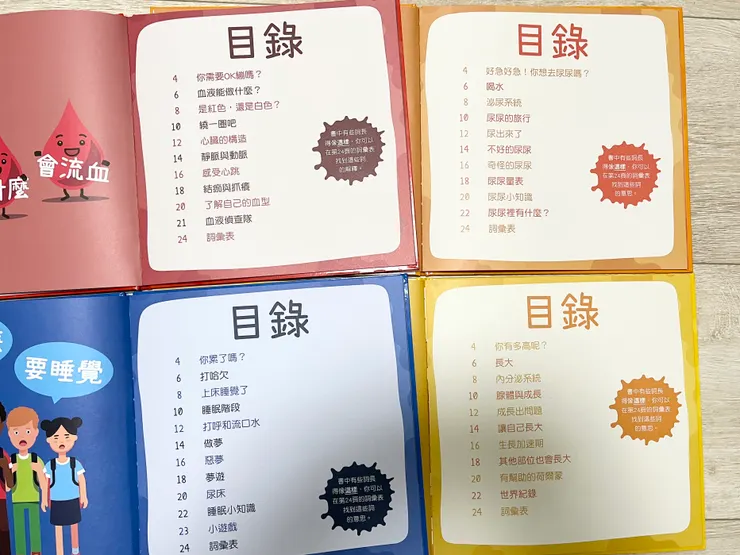 每一本繪本前面都有目錄，列出這本要讓孩子知道的知識，一目了然。