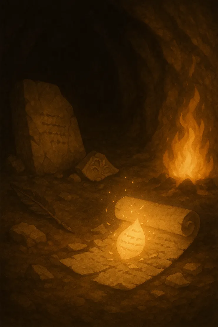 碎裂的石碑與斷筆，在火光映照下，慢慢拼湊成新的篇章。