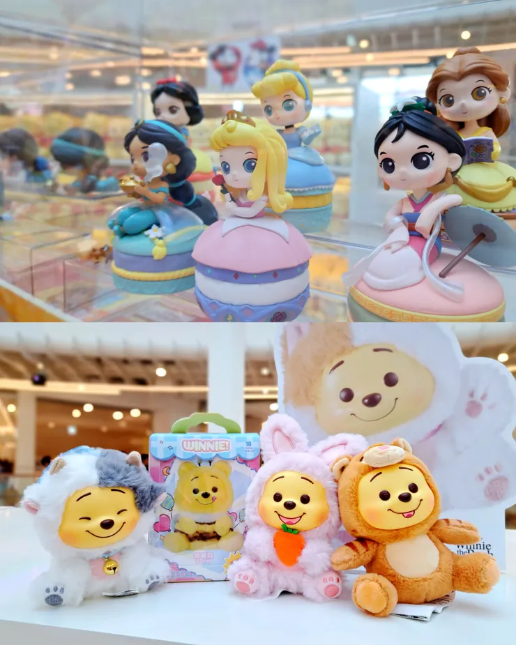 圖說：迎接台中漢神洲際店盛大開幕，同步推出多款全新系列盲盒，包括「迪士尼公主馬卡龍收納」（上）、「小熊維尼頑皮派對毛絨公仔」（下）等主題，吸引忠實粉絲熱情朝聖。（資料來源：MINISO）