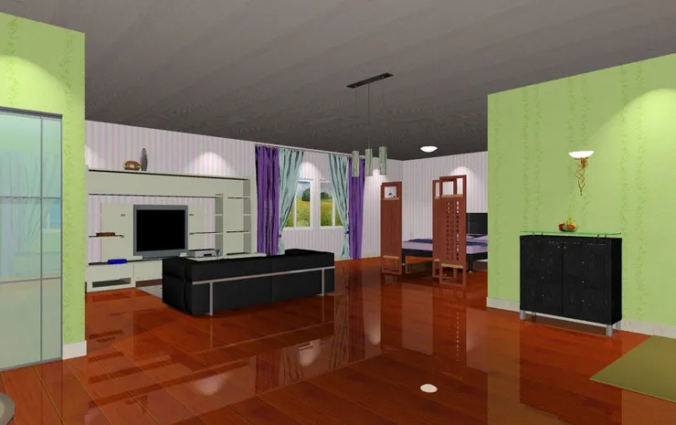 背著書桌有電視機和裏面的睡覺空間。休息玩樂和工作同樣重要！