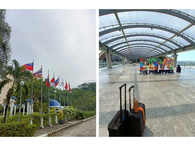 (左)在學校校園門口的國旗 (右)搭機回台前的最後一拍