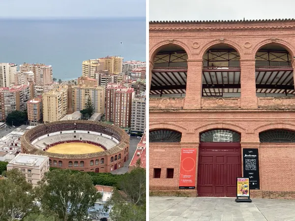 (左)從希布拉法羅俯瞰馬拉加鬥牛場 (右)馬拉加鬥牛場正面，平常開放VR參觀