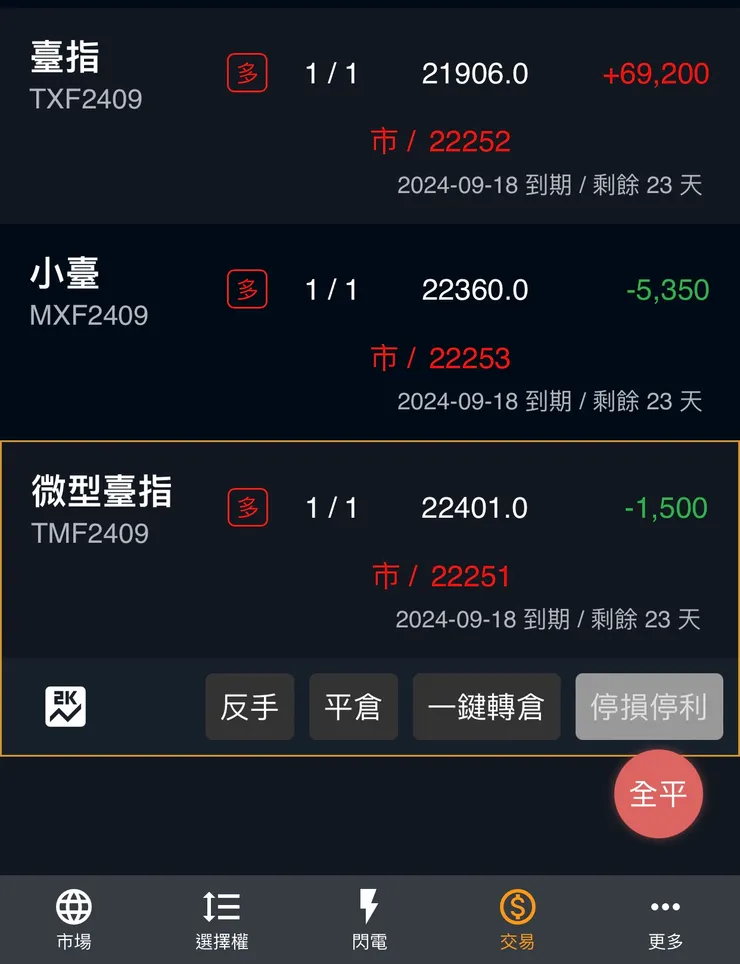 這是竹竿我被動的全部部位，可以看到2409就是說近月這個月18號到期要結算，記得轉倉