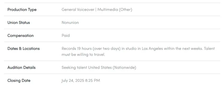 Voice123 針對該職缺的細項說明，錄音地點要求在 LA。