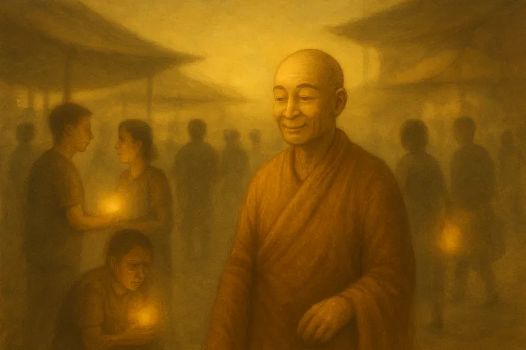 人群如潮，他如燈， 每個人身旁都有一絲剛剛升起的小光。