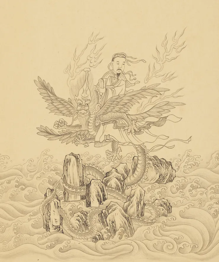 黃帝乘著應龍打敗蚩尤，取得天下。