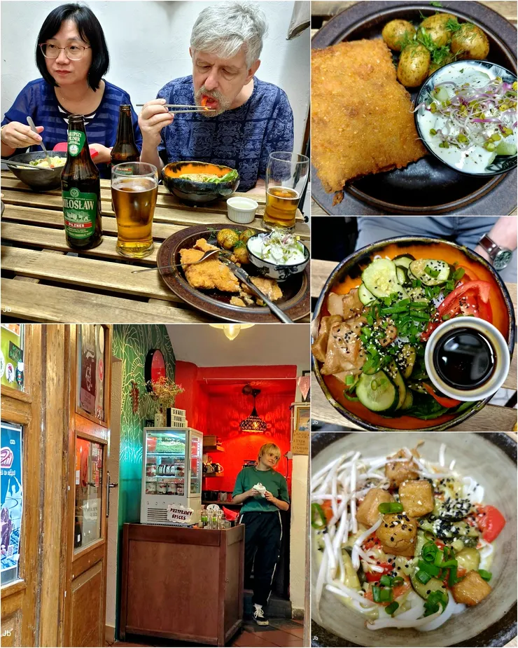 【參觀完城堡，在一家叫「No bones vegan food」的純素食餐廳吃飯，口味不錯，幸好還賣啤酒。】