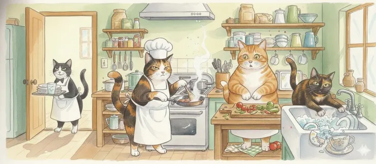 四貓忙碌廚房：橘貓你到底用什麼切菜啊？