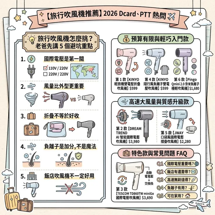 【旅行吹風機推薦】2026 Dcard、PTT 熱問✈️6 款國際電壓、折疊速乾款避坑清單
