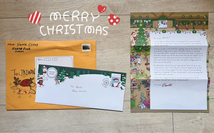 加拿大聖誕老人的回信，信封還畫圖也太驚喜了，信封跟信紙都好可愛，謝謝忙著準備聖誕節的老公公和小精靈喜歡小貝的圖畫。