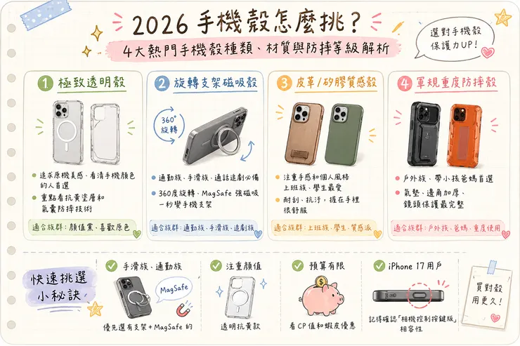 2026 手機殼怎麼挑？4大熱門手機殼種類、材質與防摔等級解析