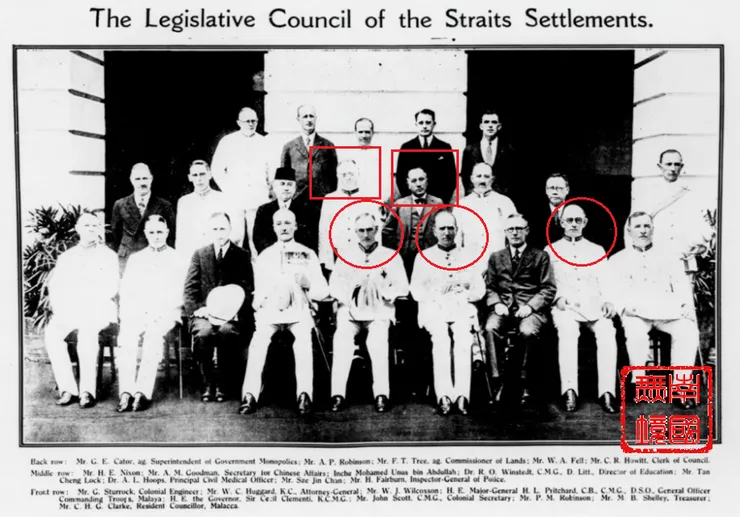 1930年海峽殖民地立法會大合照。坐者居中為時任欽差大臣金文泰，時任財務官的雪萊於右二，金文泰左邊者為輔政司史考特。金文泰後方為時任立法議員、歷史學家温士德（R.O Winstedt,1878-1966），史考特後方為同爲議員，後來的馬華公會（MCA）第一任總會長陳禎祿（Tan Cheng Lock,1883-1960）。-“ The Straits Budget”，16th Oct 1930，Pg11.