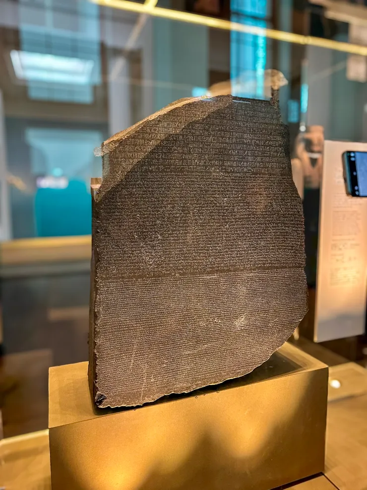 Rosetta Stone at the British Museum, photographed in 2025 with AI used to remove bystanders.