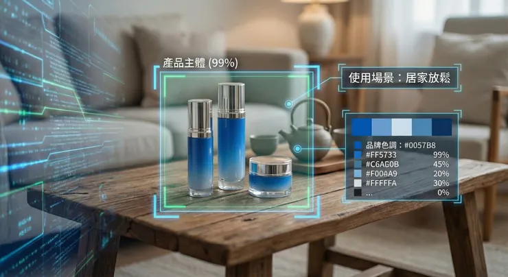 呈現消費者拿起手機用鏡頭掃描實體商品，螢幕瞬間浮現多個分析的意象