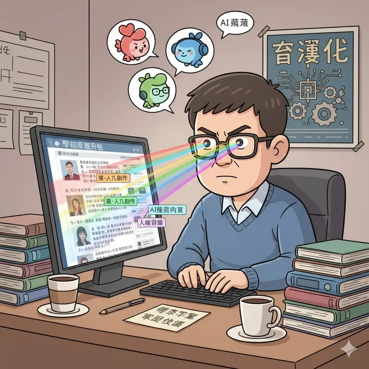 一位高中老師正在檢視學習歷程檔案 (小昕咒語/小苴繪圖)