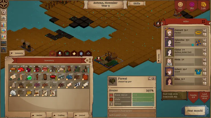 熟練的工作會有額外的資源收入（森林打獵熟練後，特定季節可以獲得羊毛）