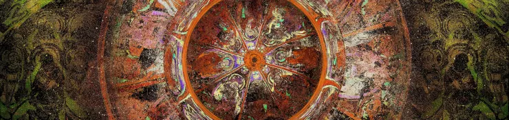 第一幕 菱格世界‧克孜爾石窟 此幕以聽法天人為創作素材,模擬藻井壁畫以旋轉重組的方式不斷迴圈,用色鮮豔,構圖飽滿。