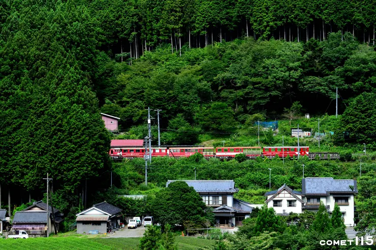 八橋小徑途中可以遠望對岸的接岨峽溫泉車站，彷彿像是來到阿里山車站一般