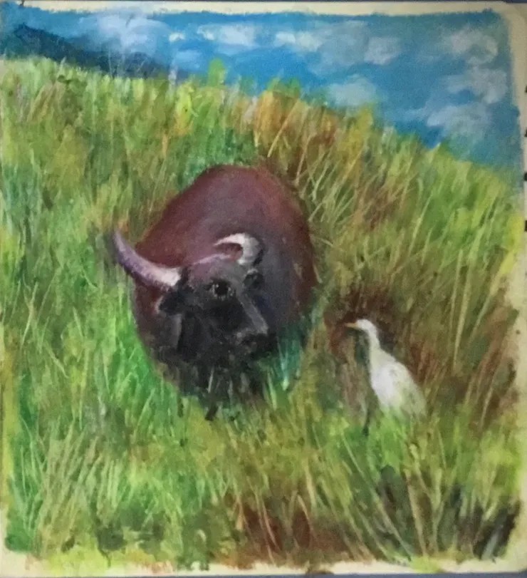 水牛與白鷺鷥對話（油性粉彩）