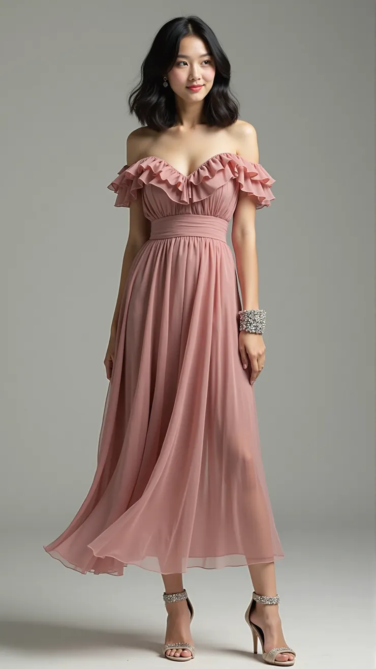 Off-the-shoulder ruffle dress, crystal bracelet, kitten heels( 一字肩荷葉邊禮服，水晶手鐲，低跟鞋 )