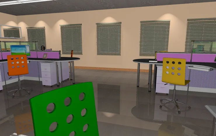 雖然很多窗戶,但都用百葉簾遮住了。辦公室沒有人開窗吧。