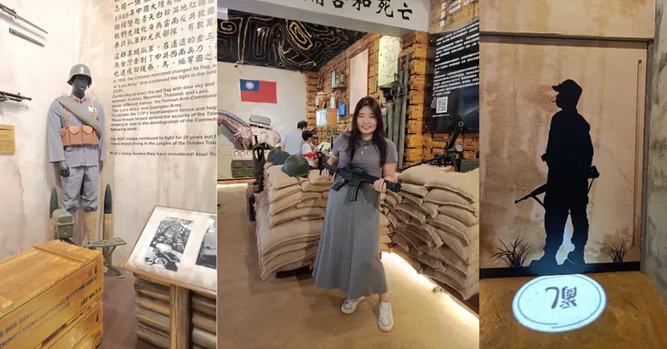 現場也可以體驗戴上鋼盔,拿起槍枝背上子彈,合影留念。