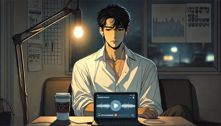 房間黑暗，但螢幕與錄音介面發出溫暖光芒，與他臉上落寞形成對比。