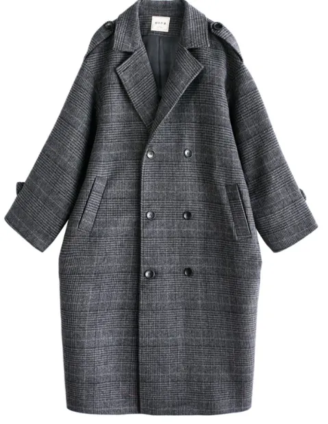 【梨卡】加厚 格紋 雙排扣 毛呢大衣