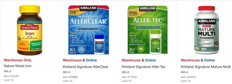 Nature Made 鐵劑 $13.05、Kirkland 抗過敏藥 $9.99、過敏藥 $11.99、綜合維他命（50歲以上）$14.99。