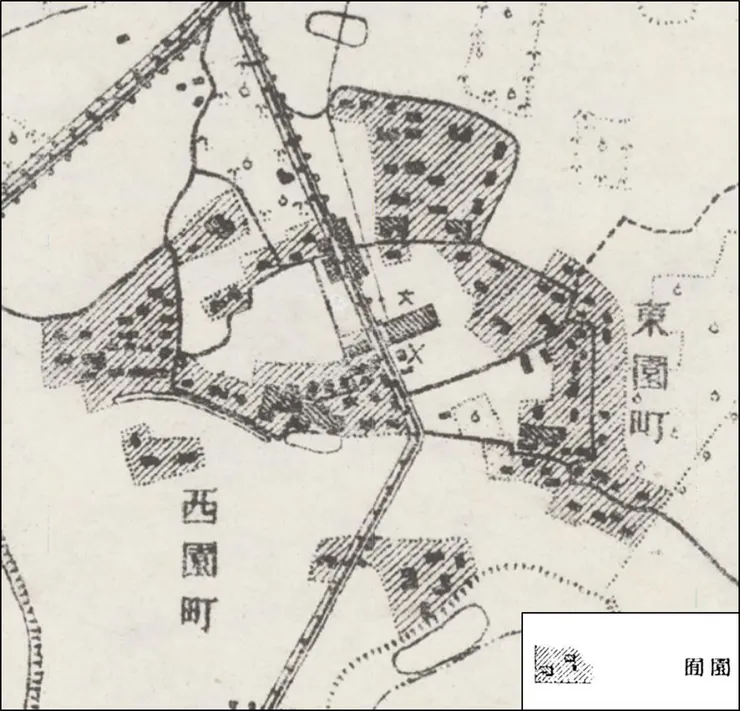 圖5－東西園範圍早期有許多茉莉花園(1921日治兩萬五千分之一地形圖)