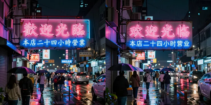 Prompt: 一個繁忙、雨後的亞洲城市街道夜景攝影。焦點是一個巨大的、略顯老舊的霓虹燈招牌，懸掛在一棟建築物的二樓外牆上。發光的粉紅色霓虹燈管彎曲拼寫出大字「歡迎光臨」，緊接著下方是用明亮的藍色霓虹燈管拼寫的「本店二十四小時營業」。燈管周圍可見一些裸露的電線和變壓器。濕漉漉的柏油路面和路人撐著的雨傘上，強烈地反射著招牌的粉、藍色光芒。背景是熙熙攘攘的人群、模糊的車流尾燈，以及其他店家閃爍的中文招牌。 (左：繁體中文 右：簡體中文)